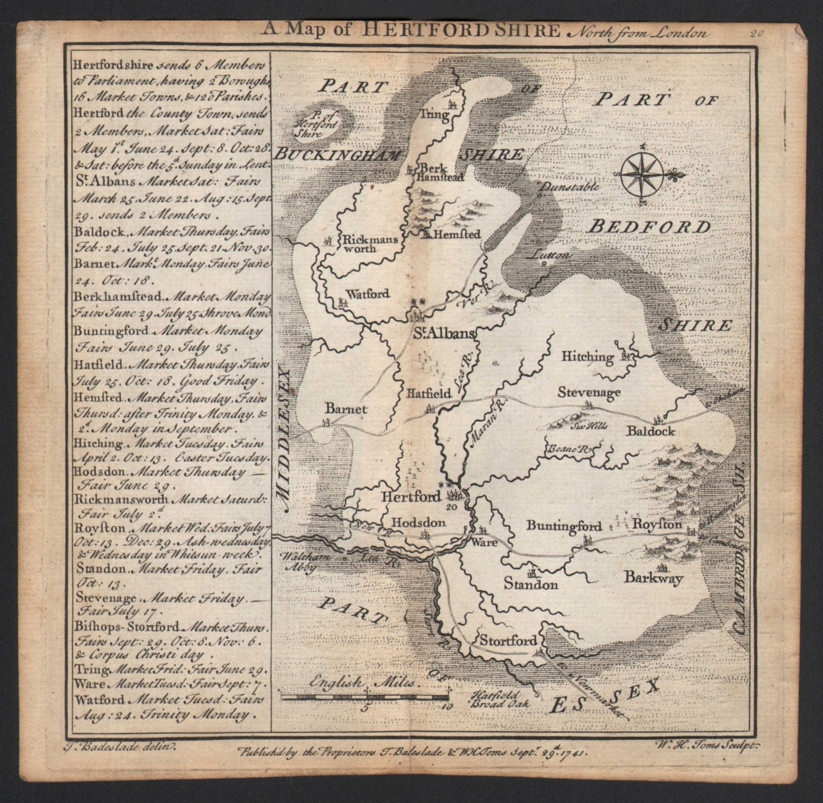 Antique county map of Hertfordshire by Badeslade & Toms. West ...