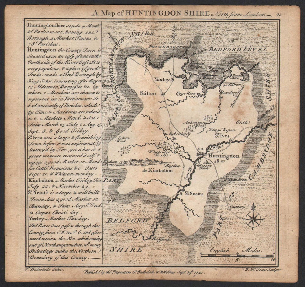 Antique county map of Huntingdonshire by Badeslade & Toms 1742 old