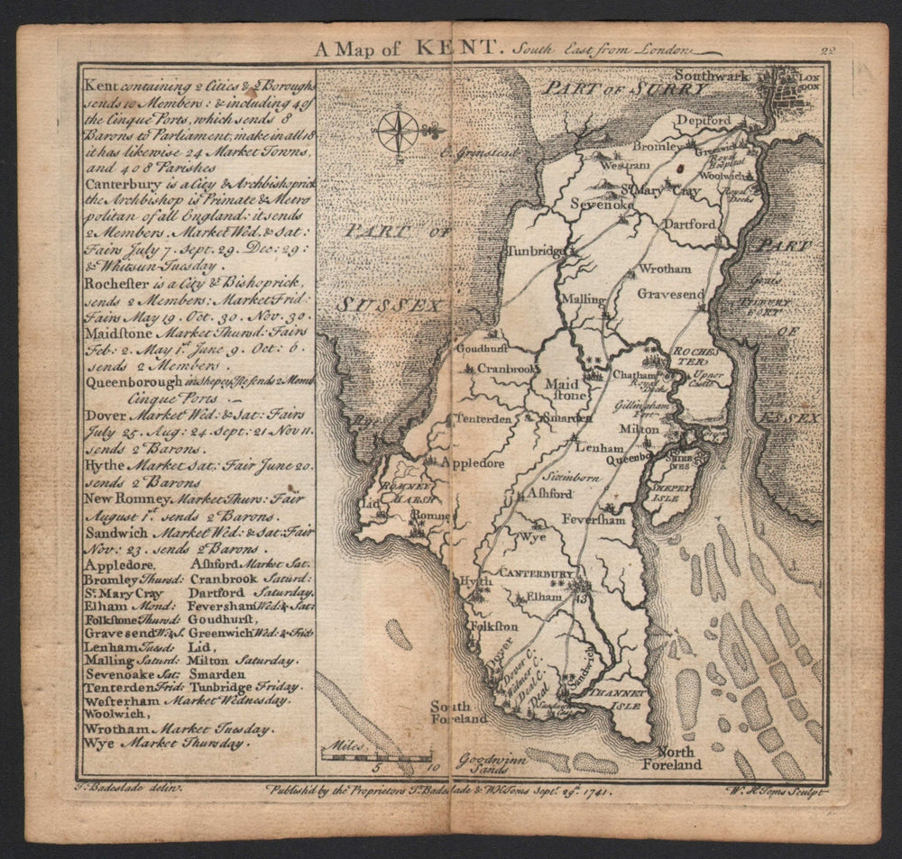 Antique county map of Kent by Badeslade & Toms. West orientation 1742 old