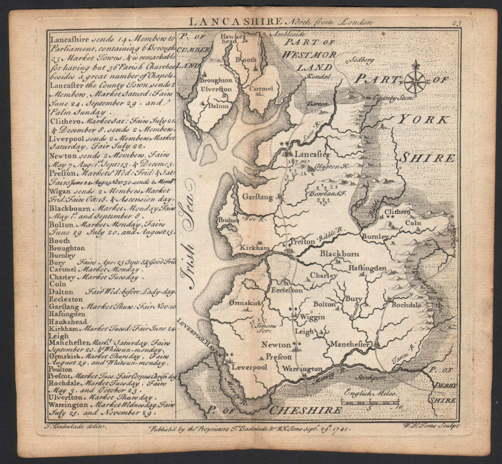 Antique county map of Lancashire by Badeslade & Toms 1742 old