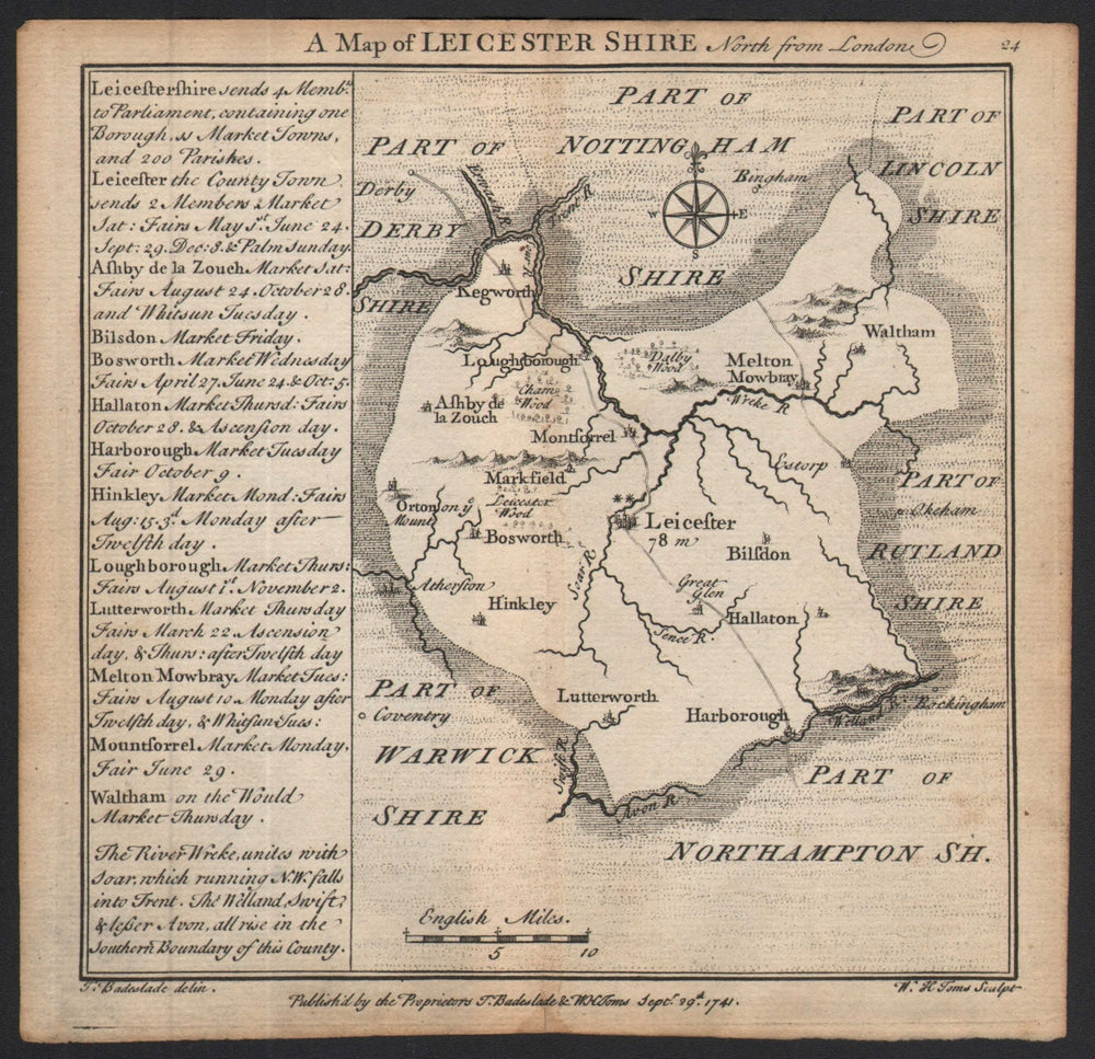 Antique county map of Leicestershire by Badeslade & Toms 1742 old