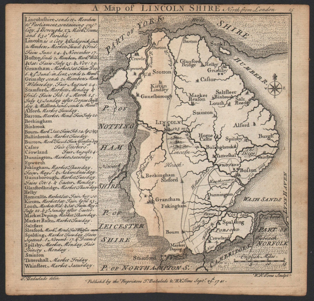 Antique county map of Lincolnshire by Badeslade & Toms 1742 old