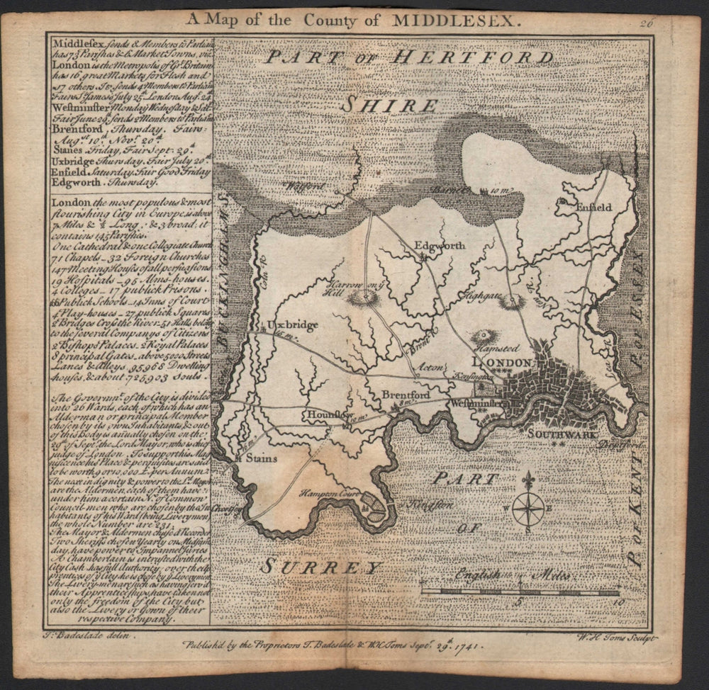 Antique county map of Middlesex by Badeslade & Toms 1742 old chart
