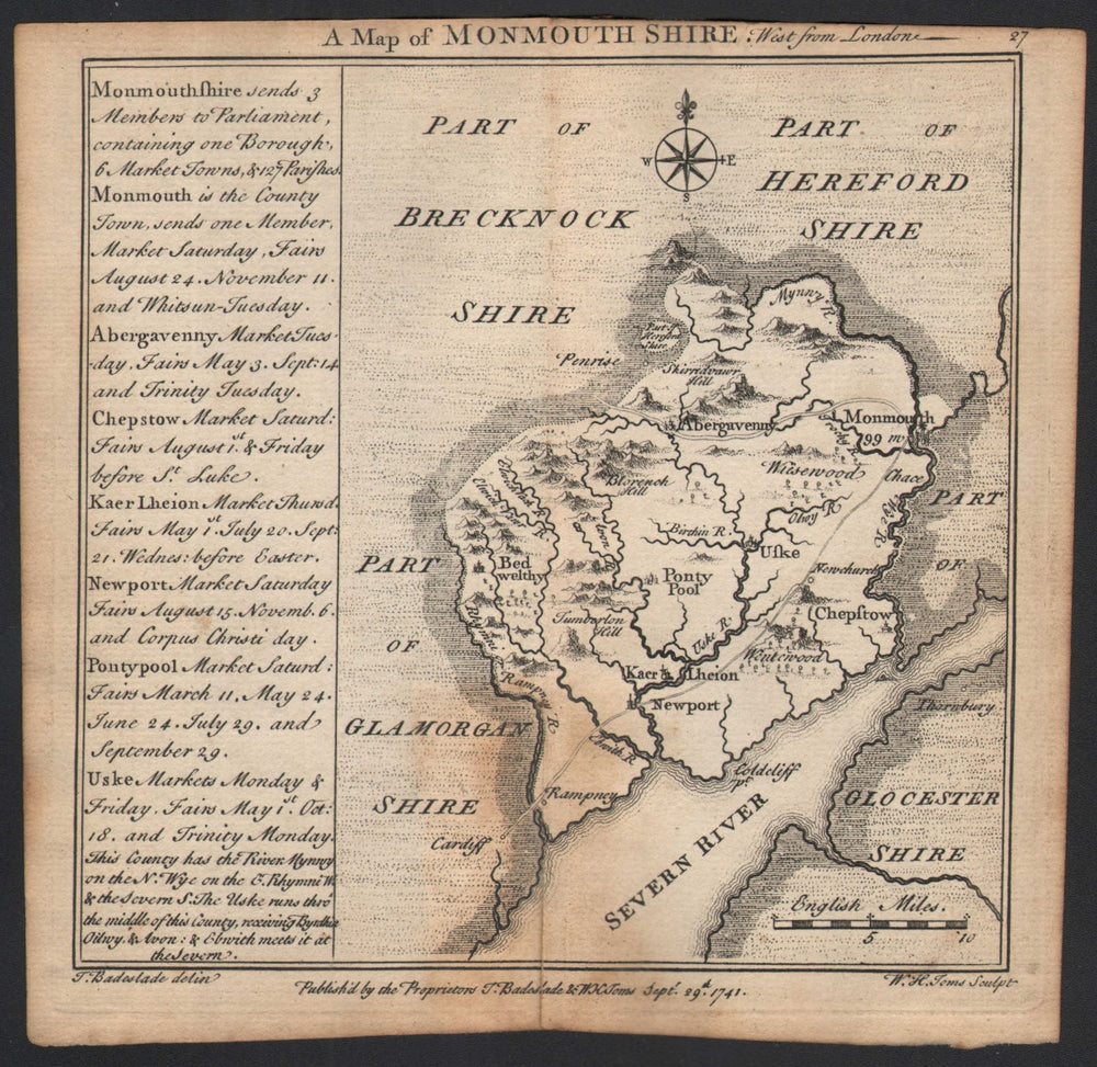 Antique county map of Monmouthshire by Badeslade & Toms 1742 old
