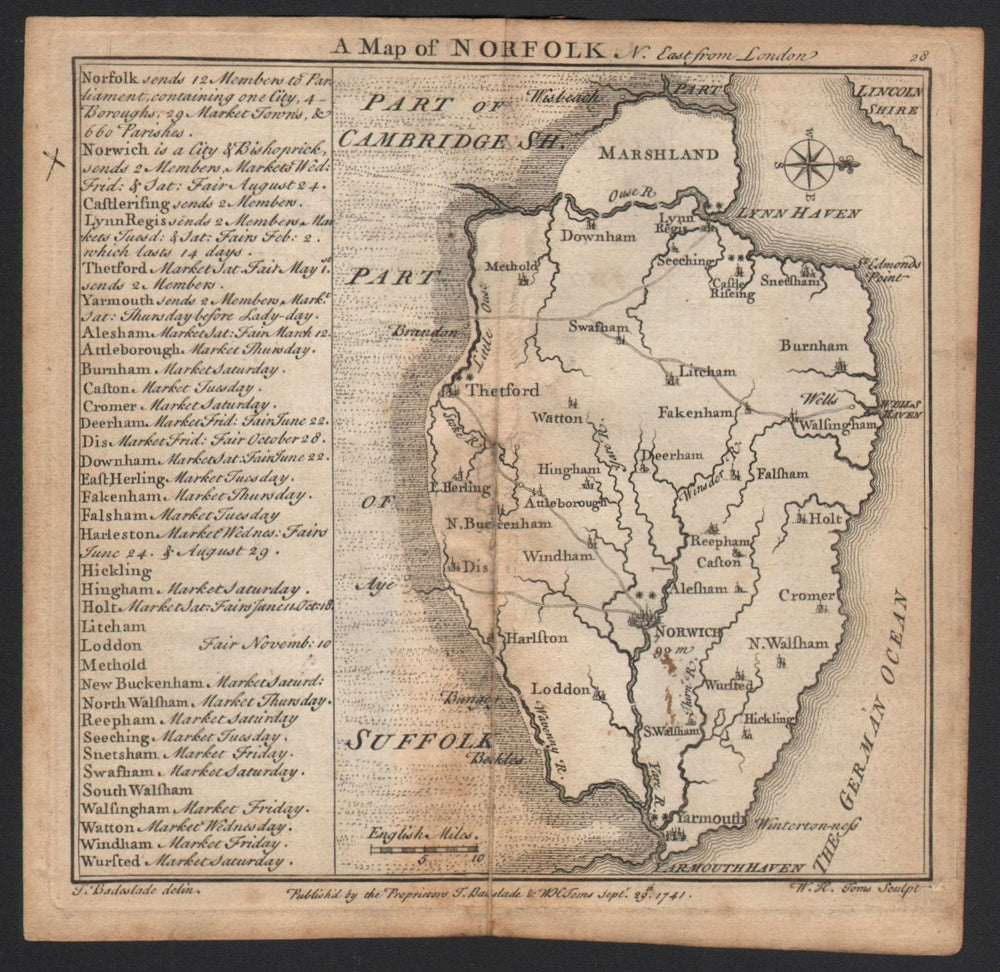Antique county map of Norfolk by Badeslade & Toms. West orientation 1742