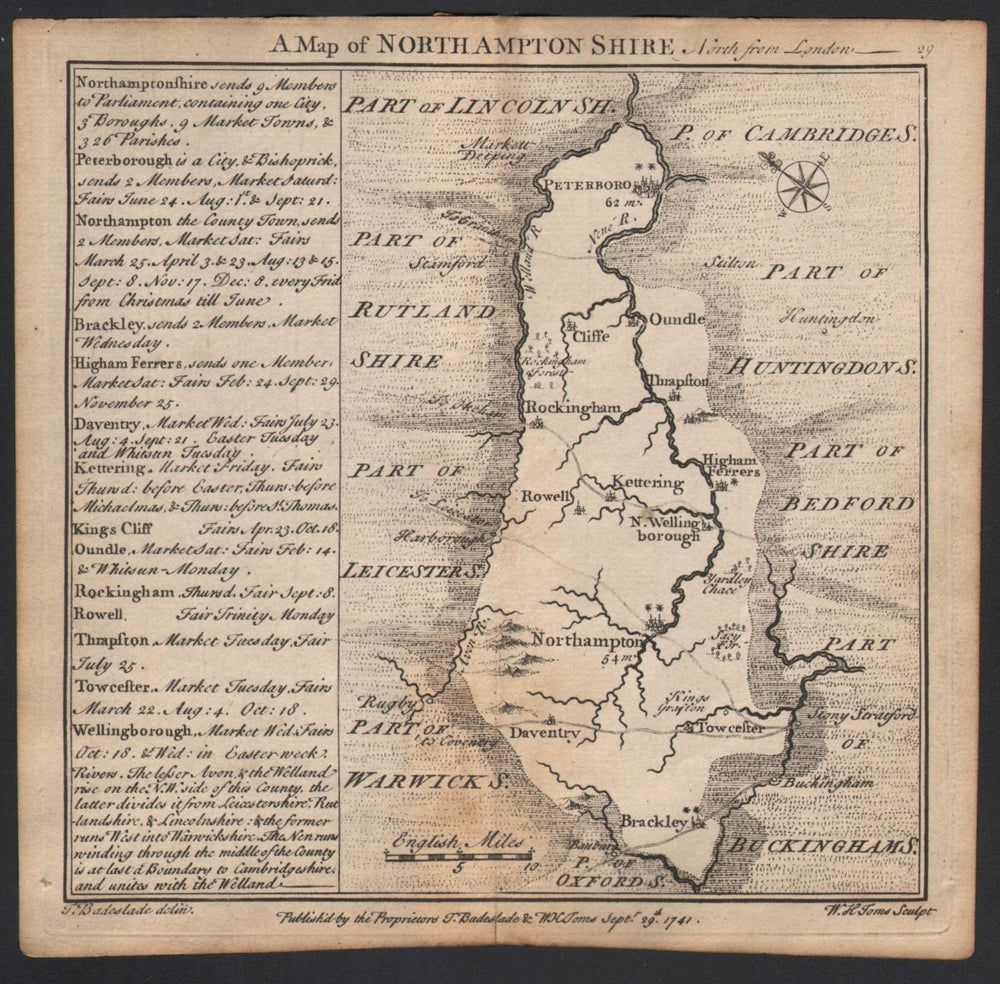 Antique county map of Northamptonshire by Badeslade & Toms. NE orientation 1742