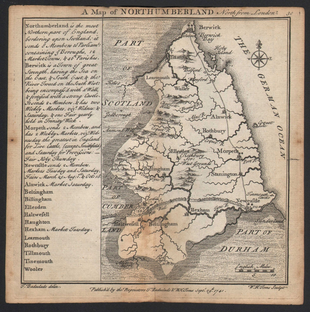 Antique county map of Northumberland by Badeslade & Toms 1742 old