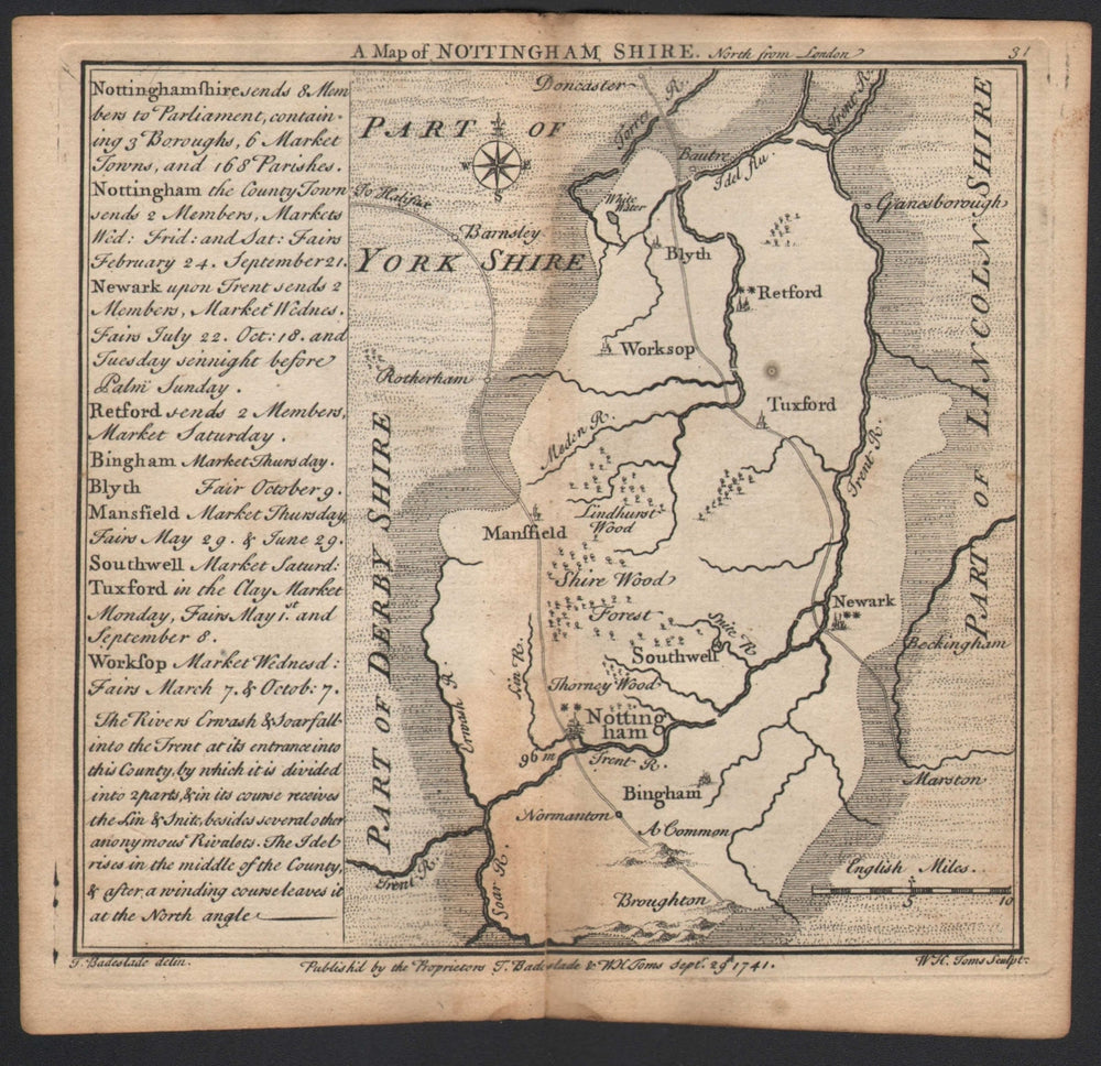 Antique county map of Nottinghamshire by Badeslade & Toms 1742 old