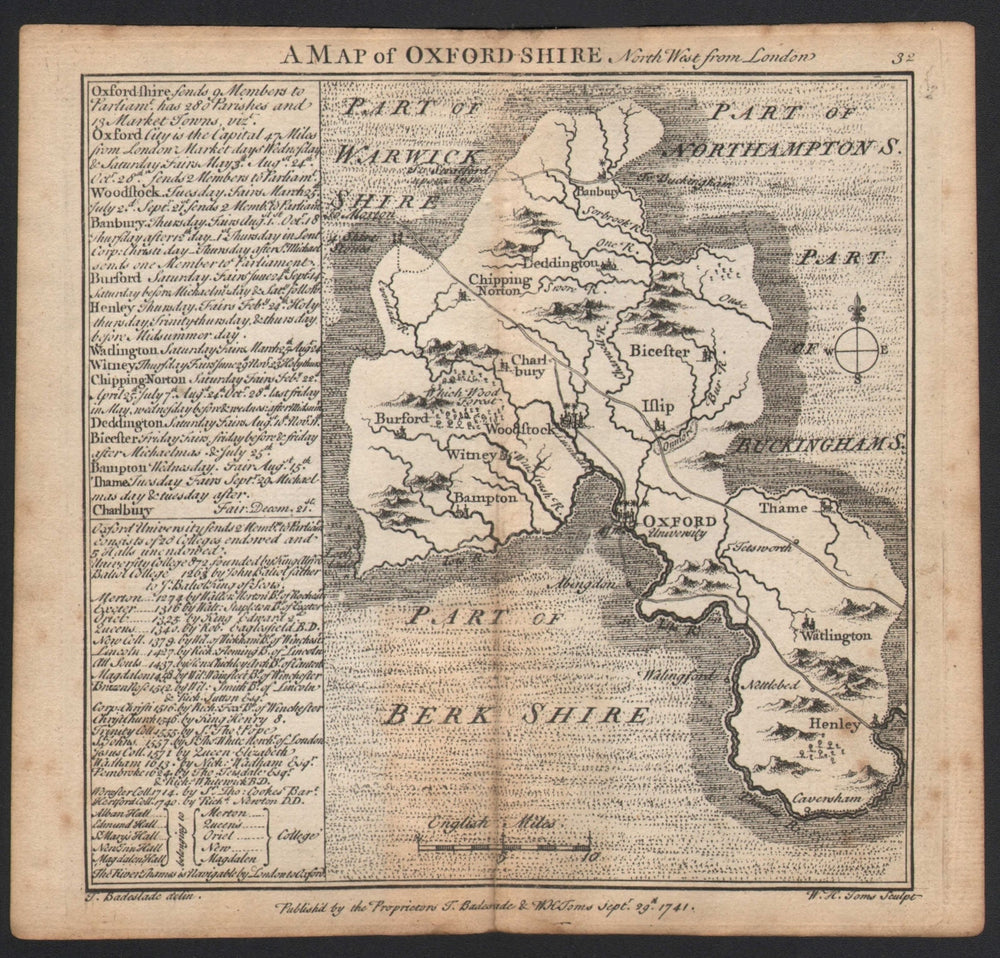 Antique county map of Oxfordshire by Badeslade & Toms 1742 old