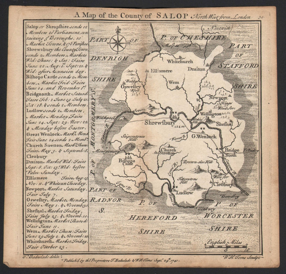Antique county map of the county of Salop by Badeslade & Toms. Shropshire 1742