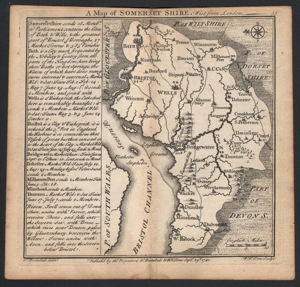 Antique county map of Somersetshire by Badeslade & Toms. East orientation 1742