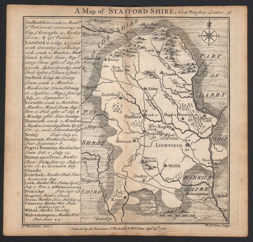 Antique county map of Staffordshire by Badeslade & Toms 1742 old