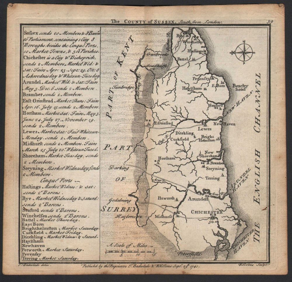 Antique county map of Sussex by Badeslade & Toms. East orientation 1742