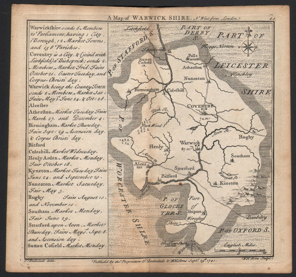 Antique county map of Warwickshire by Badeslade & Toms 1742 old