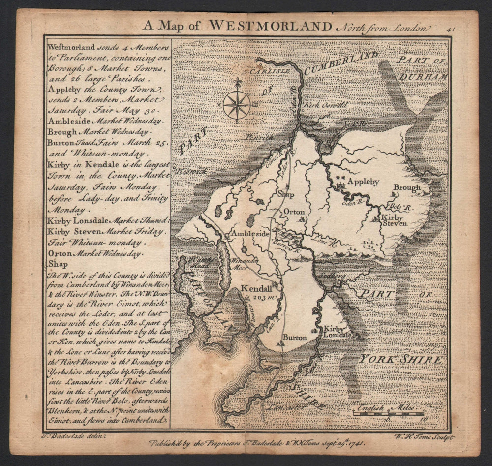 Antique county map of Westmorland by Badeslade & Toms. Westmoreland Cumbria 1742