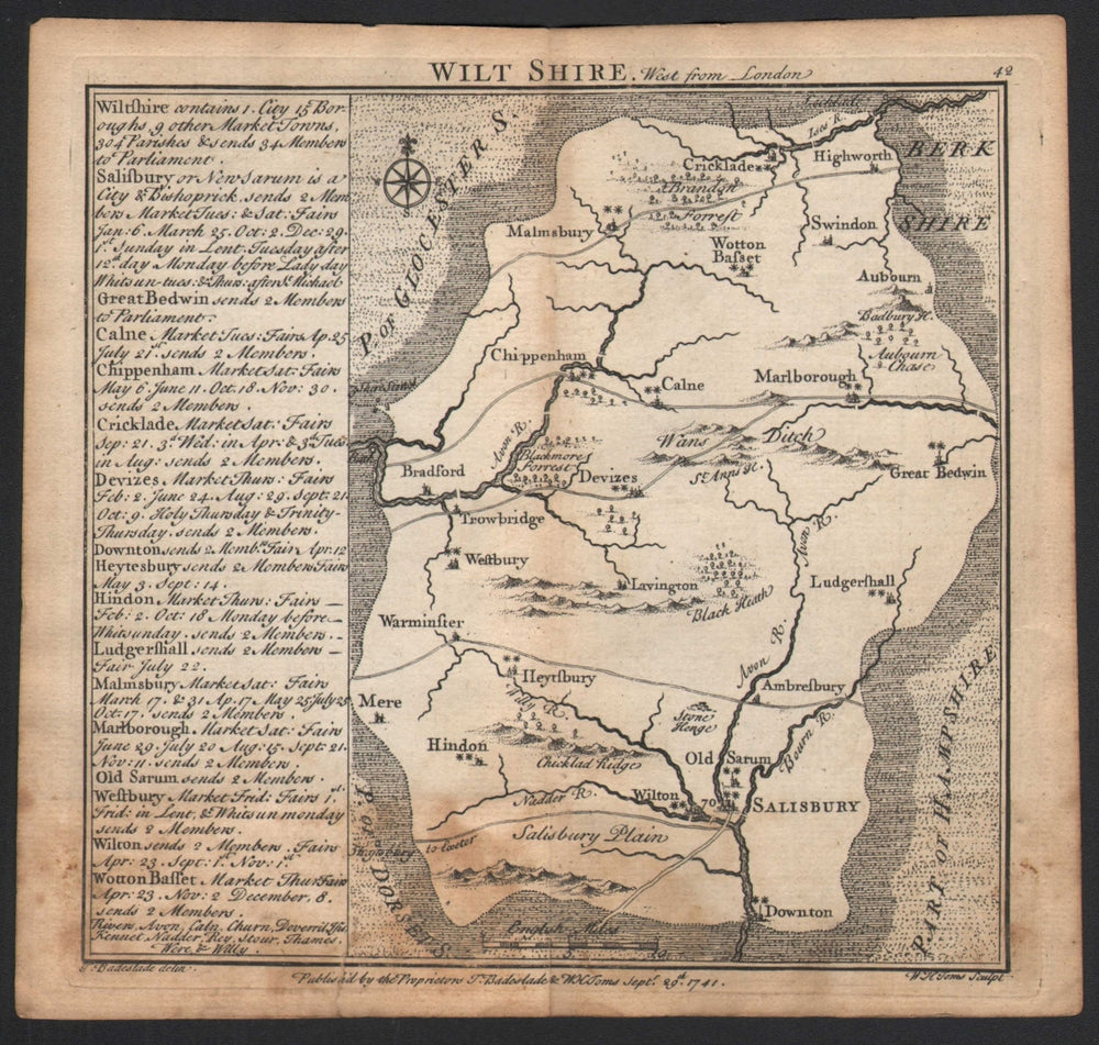 Antique county map of Wiltshire by Badeslade & Toms 1742 old chart