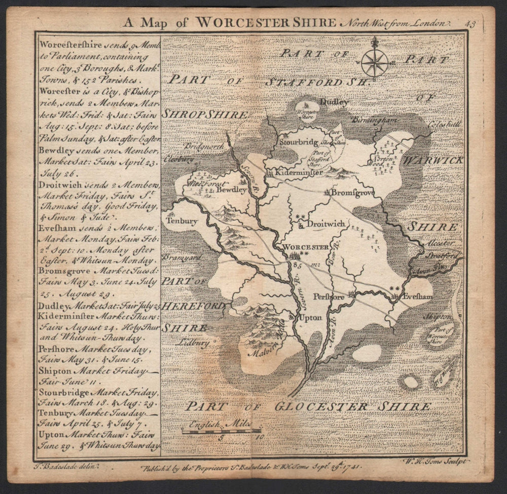 Antique county map of Worcestershire by Badeslade & Toms 1742 old