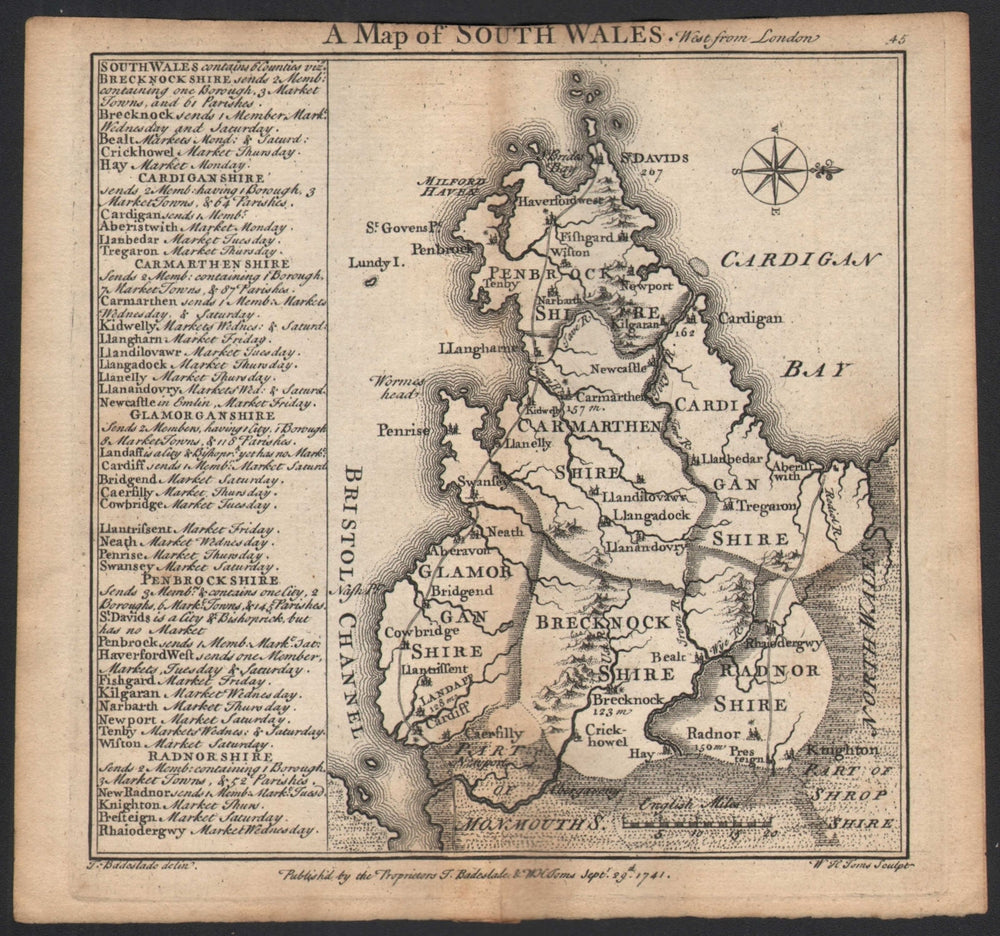 Antique county map of South Wales by Badeslade & Toms. West orientation 1742