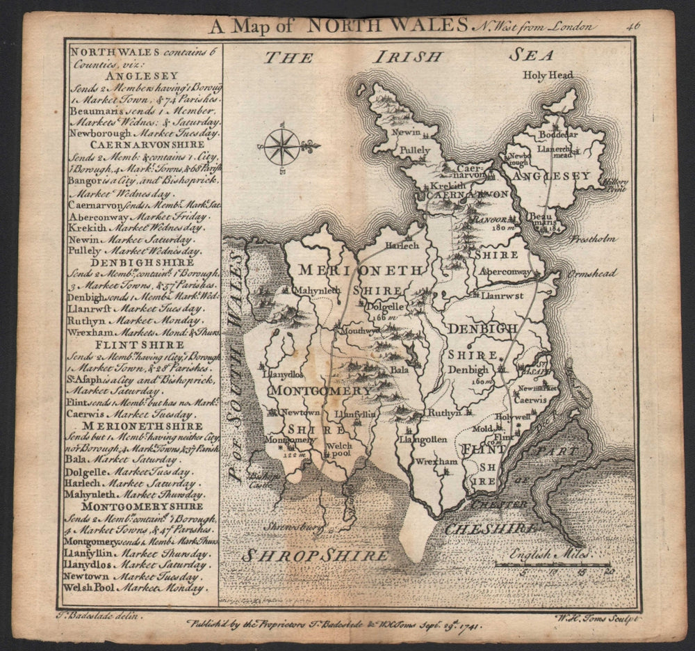 Antique county map of North Wales by Badeslade & Toms. West orientation 1742