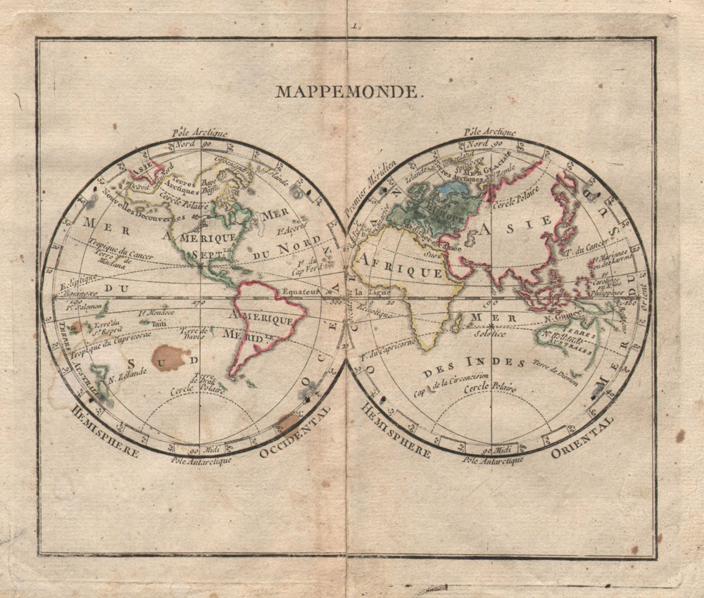 "Mappemonde" by BRION DE LA TOUR. World twin hemispheres 1777 old antique