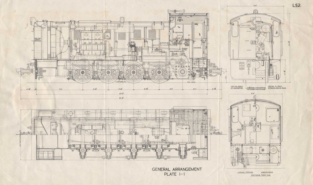 Locomotive plan section drawing. Plate I-I. L52. Trains railways 1930 print