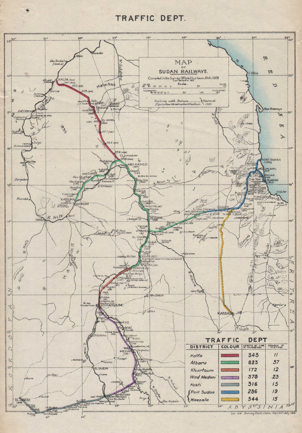 Map of Sudan Railways - Traffic dept. 1912 old antique vintage plan chart
