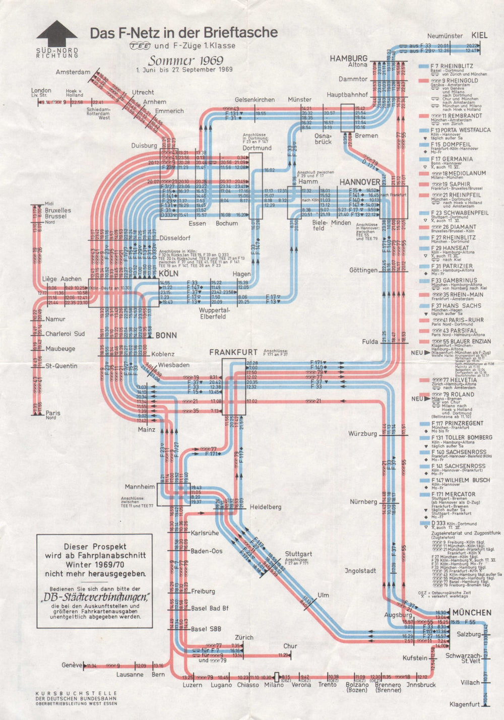Das F-Netz in der Brieftasche Sommer 1969. West Germany f-train network 1969 map