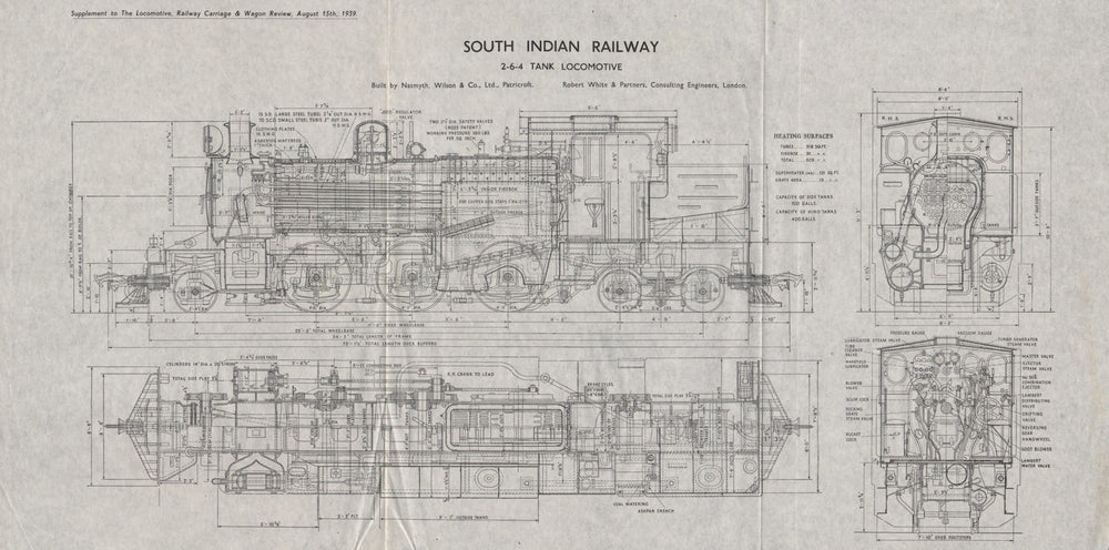 South Indian Railway. 2-6-4 Tank locomotive plan 1939 old vintage print