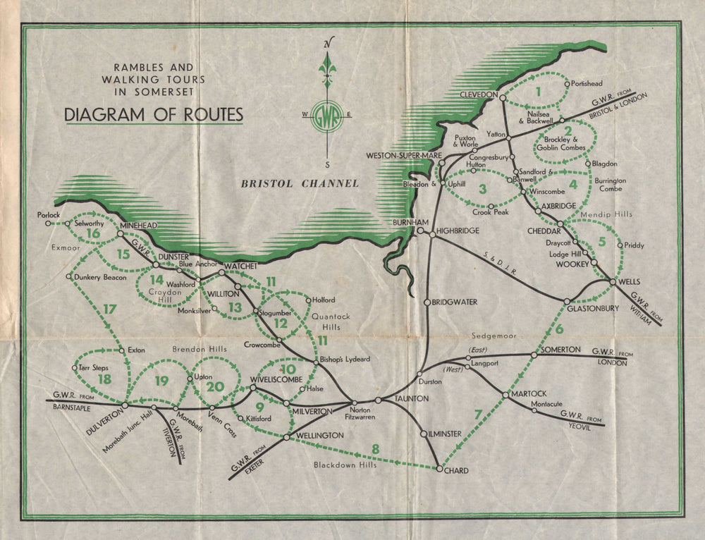 Rambles and walking tours in Somerset. Diagram of routes. Vintage map c1938
