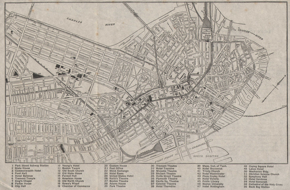 BOSTON city plan showing public buildings, hotels & theatres c1916 old map
