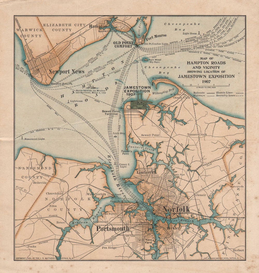 Hampton Roads & vicinity. Jamestown Exposition 1907. Norfolk, Virginia 1906 map