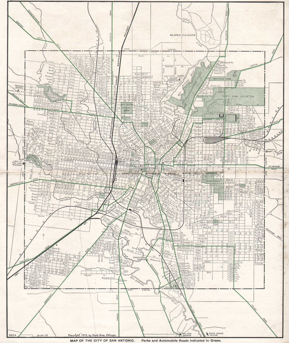 SAN ANTONIO town city map plan. Texas. Railroads. POOLE BROS 1913 old