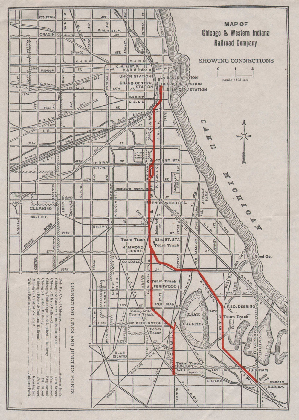 Chicago & Western Indiana Railroad Co. map. Connections. Dearborn Station c1925