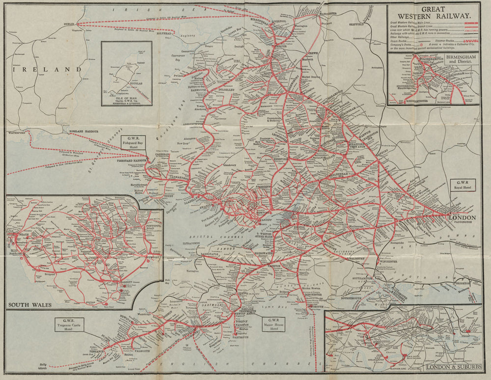 The Great Western Railway network at its maximum extent. GWR c1930 old map