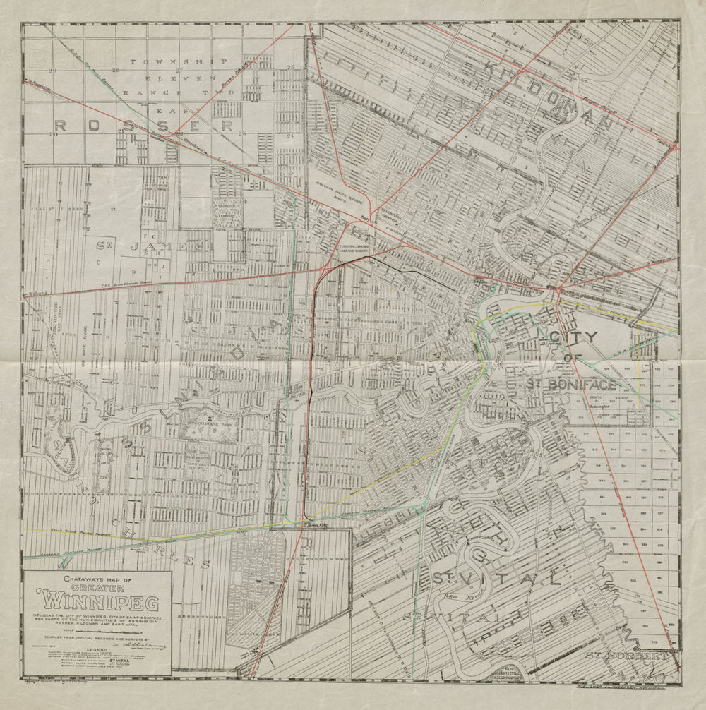 Chataway's map of Greater Winnipeg. Canada. Railways 1912 old antique