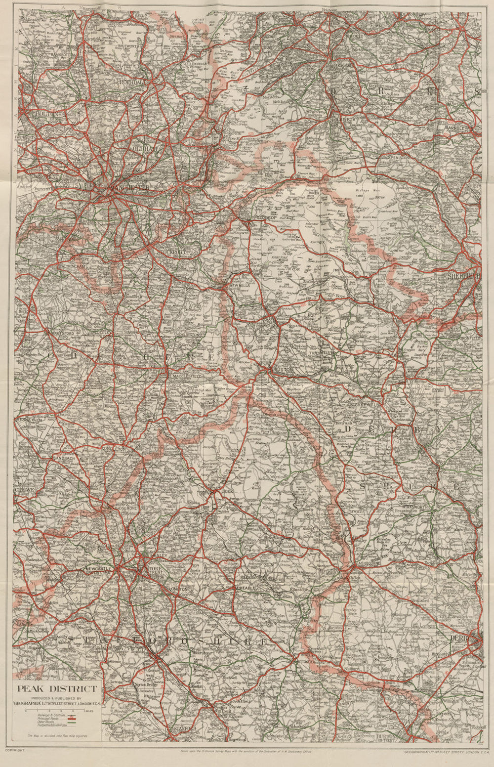 Peak District Derbyshire Dales road map Manchester Sheffield GEOGRAPHIA c1935