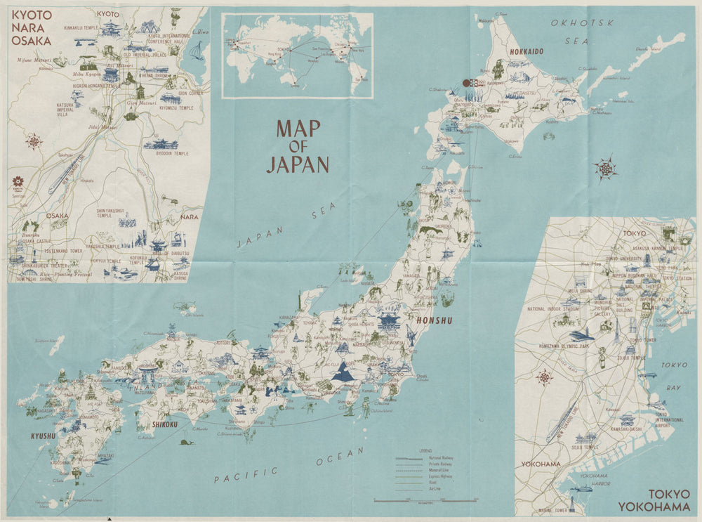 Japan tourist map for Expo 1970, Osaka. "New Tokaido [Shinkansen] line" 1970