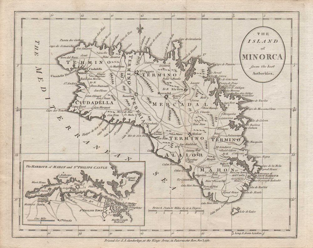 "The Island of Minorca from the best Authorities". CUMBERLEGE. Menorca 1781 map
