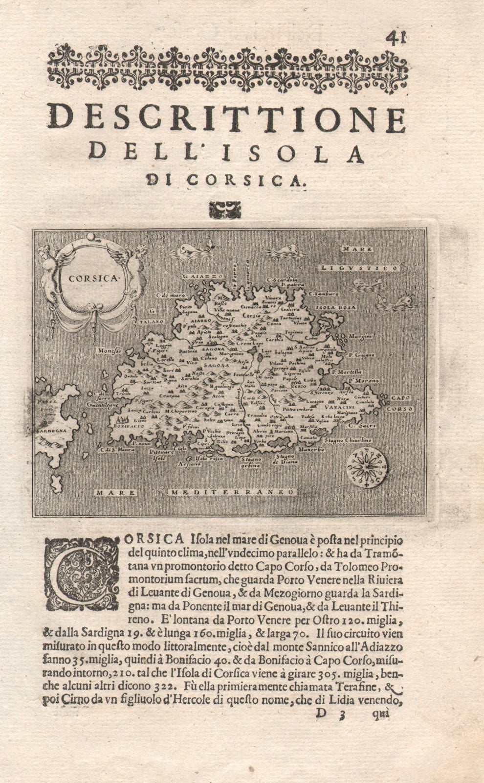 "Descrittione dell' Isola di Corsica". PORCACCHI. France 1620 old antique map