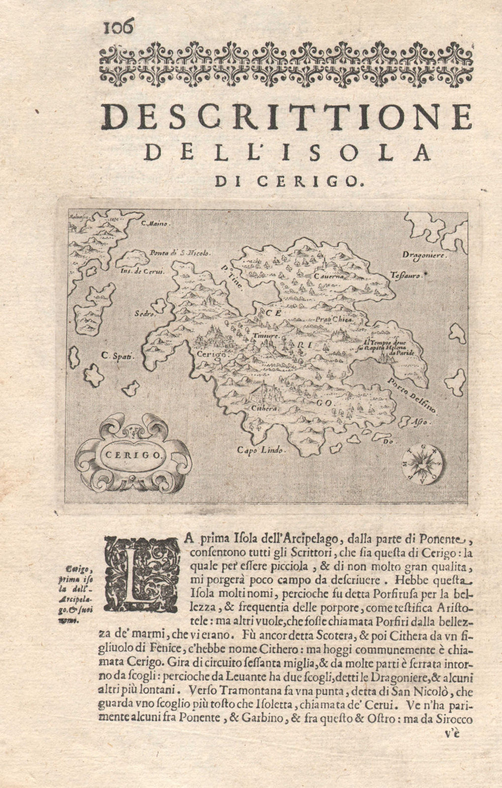 "Descrittione dell' Isola di Cerigo". PORCACCHI. Kythira Ionian Greece 1620 map