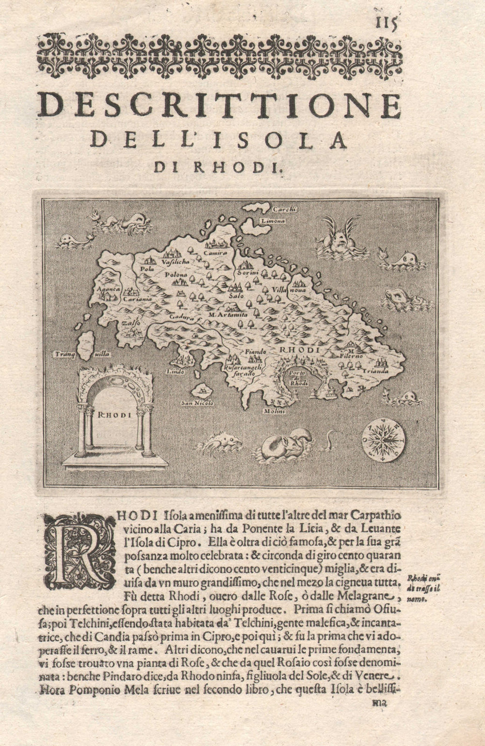 "Descrittione dell' Isola di Rhodi". PORCACCHI. Rhodes Dodecanese 1620 old map