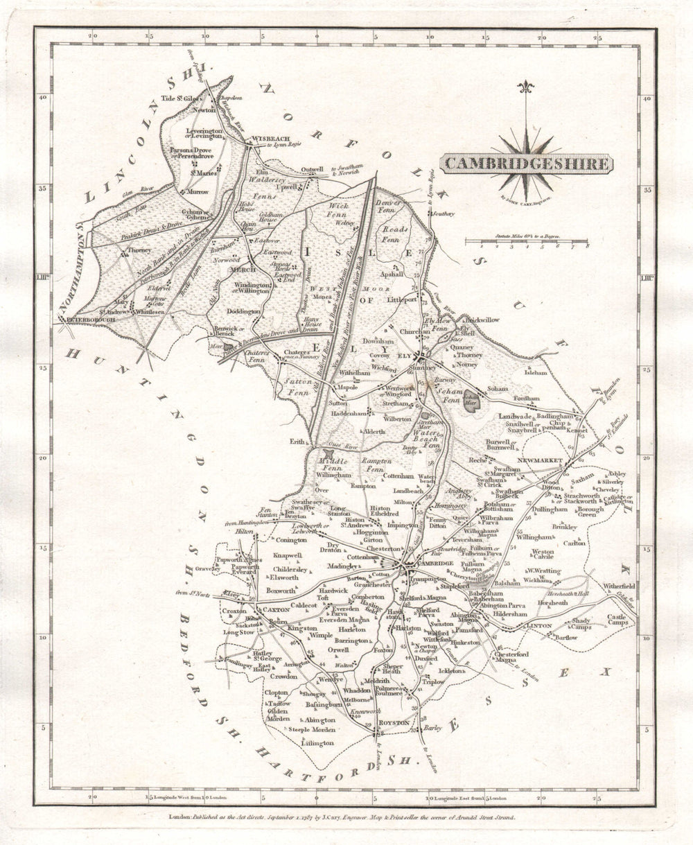 Antique county map of CAMBRIDGESHIRE by JOHN CARY 1787 old chart
