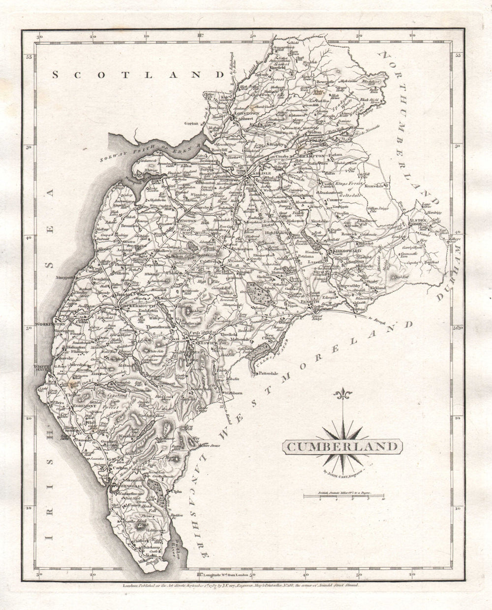 Antique county map of CUMBERLAND by JOHN CARY 1787 old plan chart