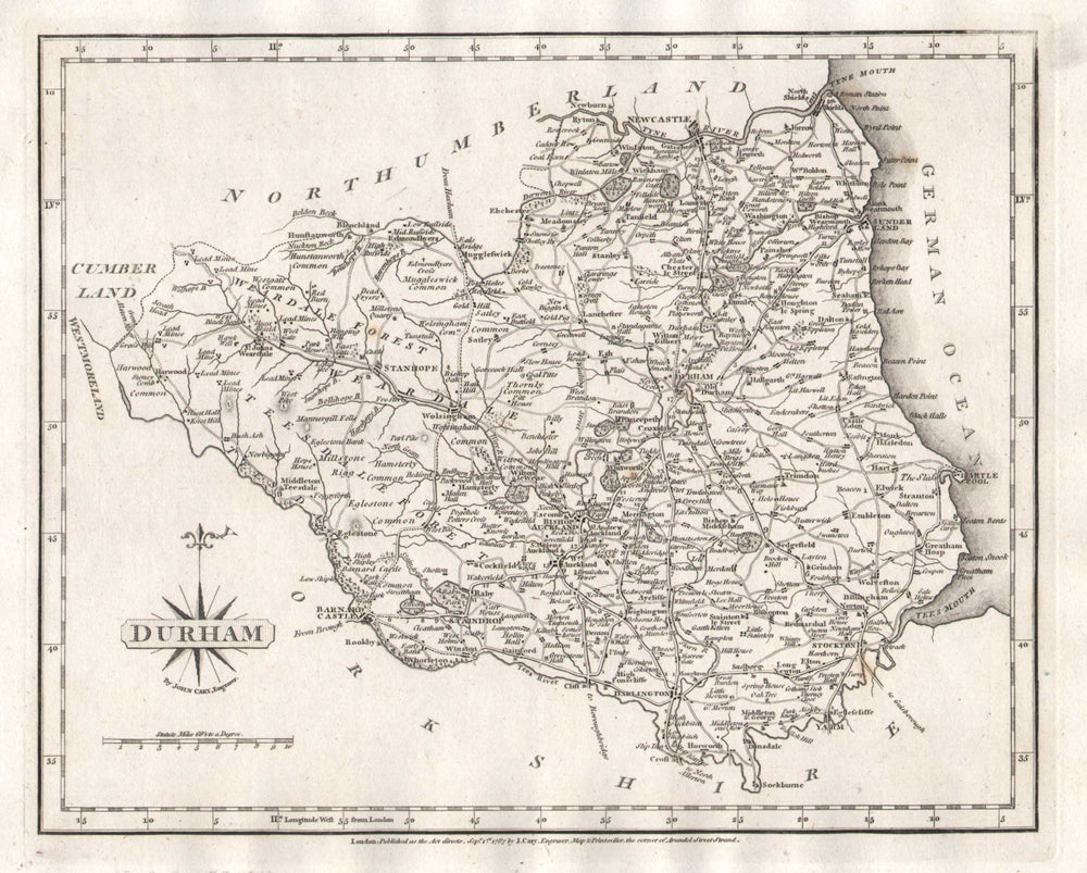Antique county map of DURHAM by JOHN CARY 1787 old plan chart