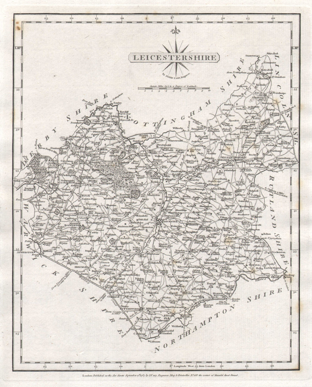 Antique county map of LEICESTERSHIRE by JOHN CARY 1787 old chart