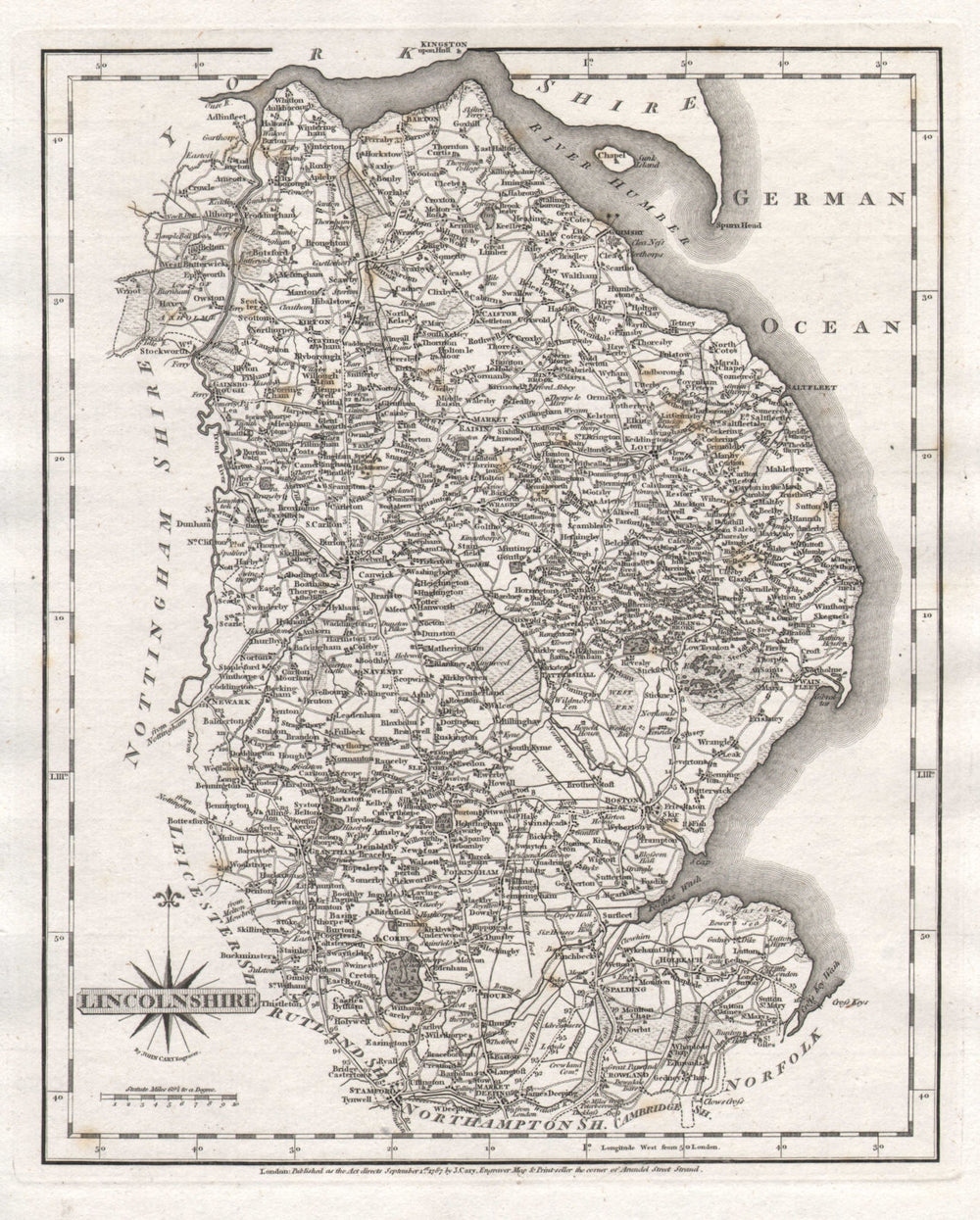 Antique county map of LINCOLNSHIRE by JOHN CARY 1787 old chart