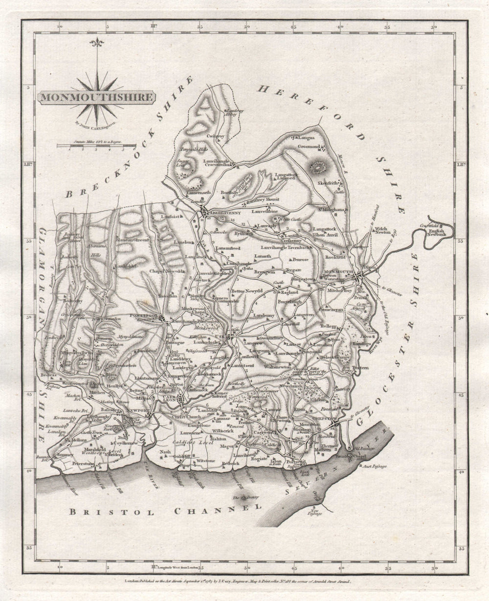 Antique county map of MONMOUTHSHIRE by JOHN CARY 1787 old chart