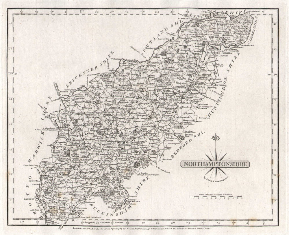 Antique county map of NORTHAMPTONSHIRE by JOHN CARY 1787 old chart