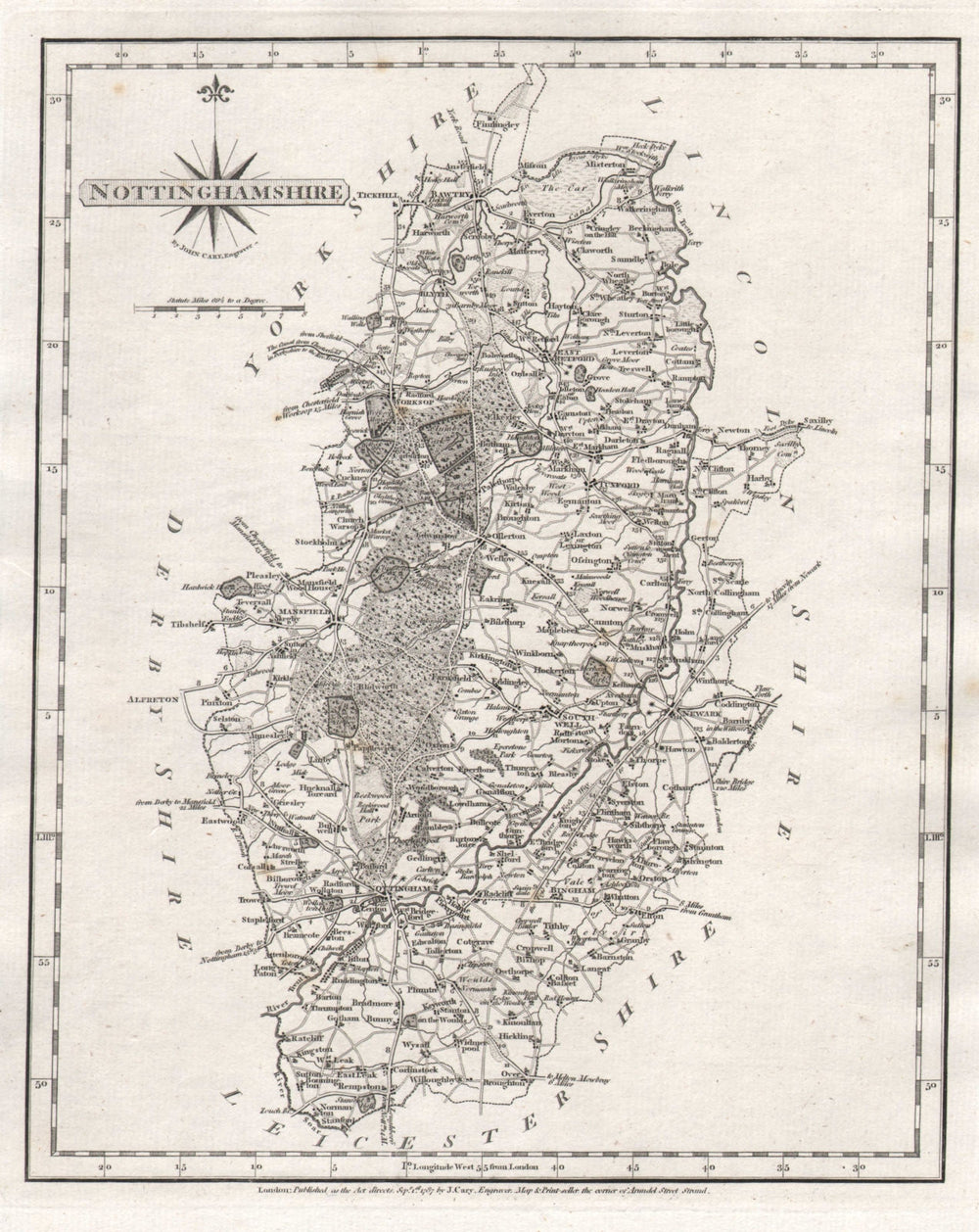 Antique county map of NOTTINGHAMSHIRE by JOHN CARY 1787 old chart