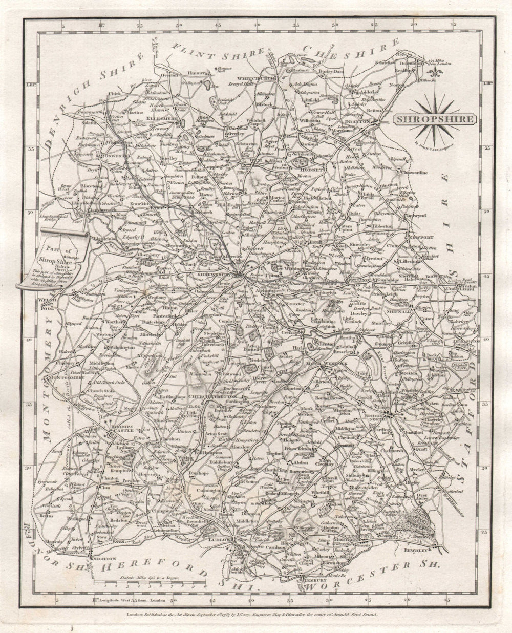 Antique county map of SHROPSHIRE by JOHN CARY 1787 old plan chart